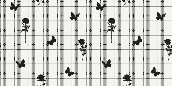Gothic Plaid Seamless Pattern with Black Butterfly Silhouettes and Roses on Cream Background. Elegant Victorian Grunge Textile Design for Fashion.