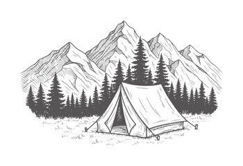 Vintage tent set against a backdrop of mountains and pine trees camping © Musfiqur