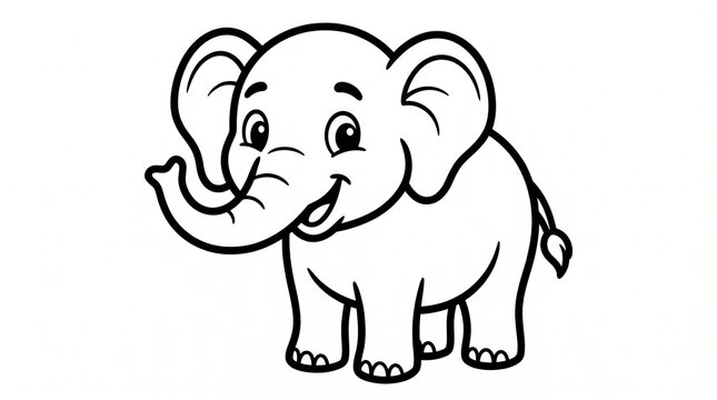 ute elephant for kids coloring page, simple outline drawing, big ears, smiling, black and white, thick lines, easy to color, no background
