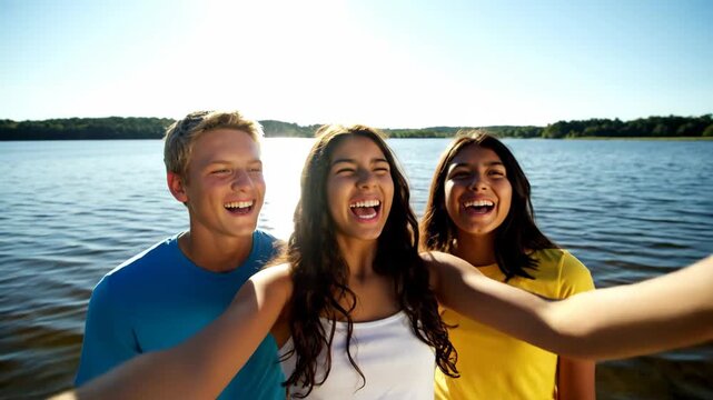 Teenage friends taking a silly selfie together by a lake with one sticking out their tongue and pouting while enjoying summer vacation and friendship