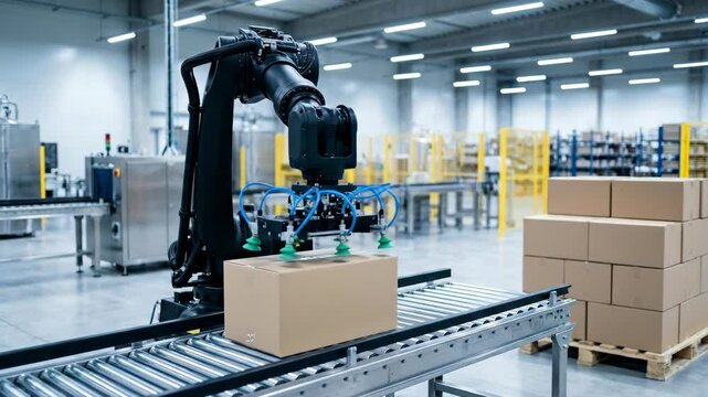 Robotic warehouse autonomous logistic robot conveyor arm automation carton package pallet label line. automation industry, innovation distribution, storage, inventory, stock, shipment