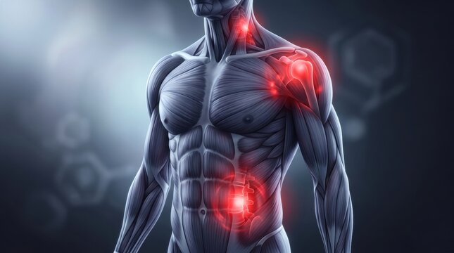 Anatomical model of human body highlighting areas of pain and injury