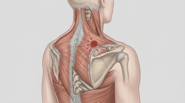 Anatomical illustration of the trapezius muscle with a pain point highlighted