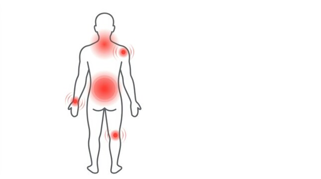 Human body outline with red spots indicating pain in joints and torso