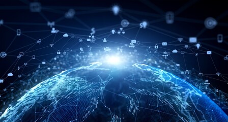 Global Digital Network and Data Connection with Earth Technology Background and Communication Icons © Divyesh