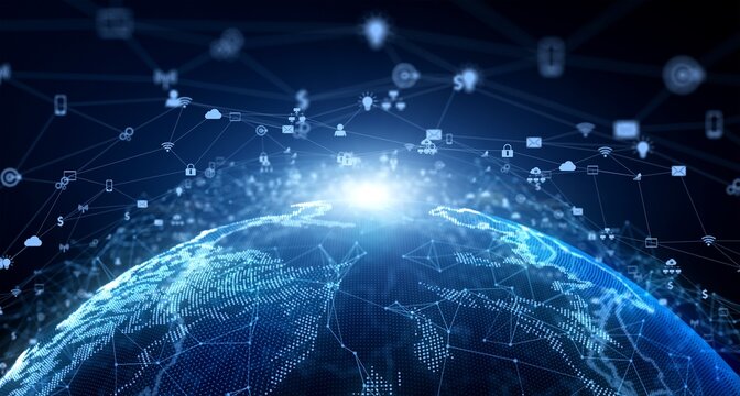 Global Digital Network and Data Connection with Earth Technology Background and Communication Icons