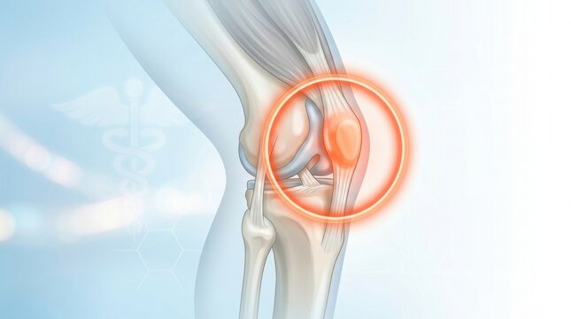 Medical illustration of a painful knee joint with inflammation highlighted by a red circle