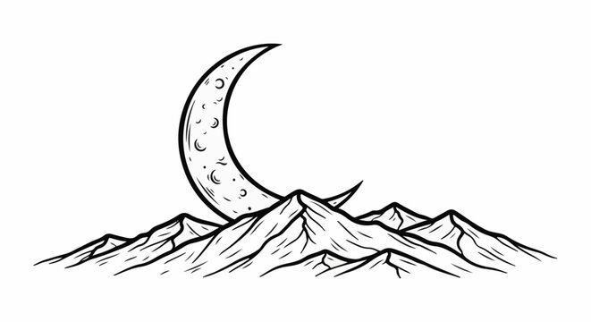 Crescent moon hovers over jagged, detailed mountain peaks in a monochrome sketch