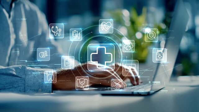 Professional doctor using laptop with medical, heart and healthcare icons, representing telemedicine, healthcare analytics and connected medical systems