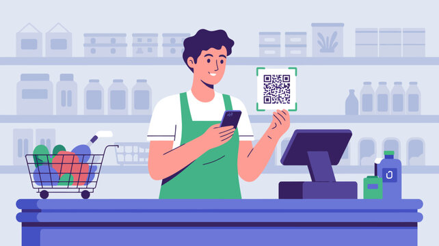 Grocery cashier scanning qr code with shopping cart and payment terminal