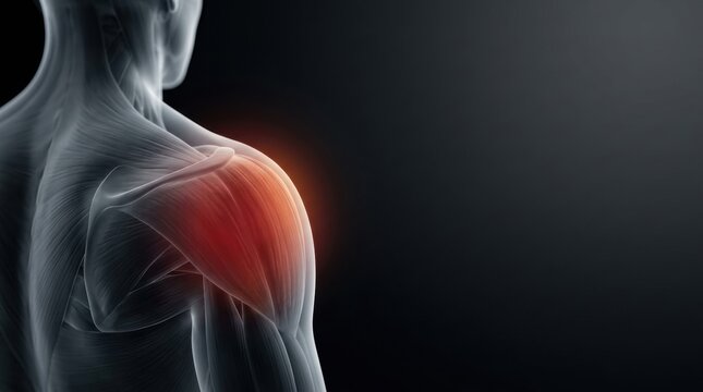 Anatomical illustration of a human shoulder with highlighted deltoid muscle pain