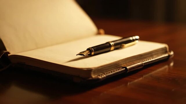 A weathered brown leather journal lies open on a polished wooden desk illuminated by warm low lighting and exuding a vintage writing and journaling atmosphere