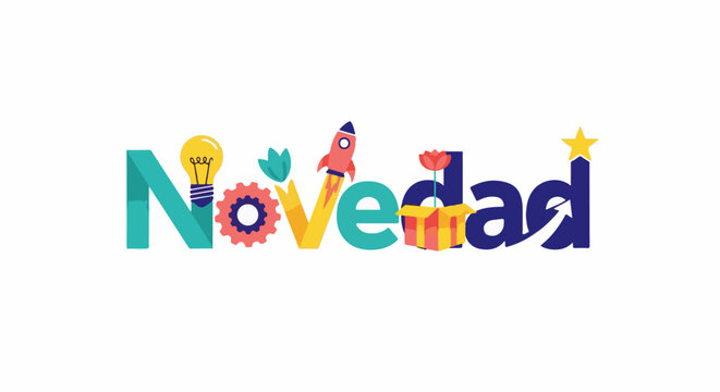 Colorful lettering spells "Novedad" with creative icons lightbulb, rocket, gear, flower, gift, star