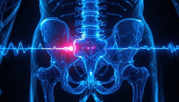 Human skeletal system illustration: glowing spine, hip bones, and veins with highlighted pain point, digital anatomical rendering for medical use