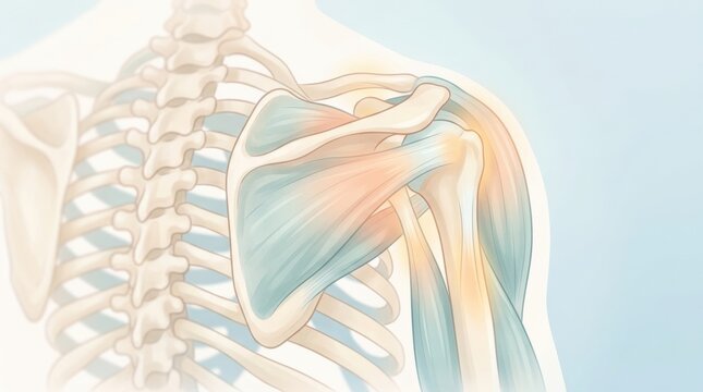 Illustration of human shoulder anatomy with highlighted muscles and bones
