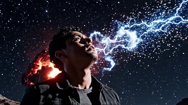 A man gazes up at a vibrant explosion of light against a starry night sky