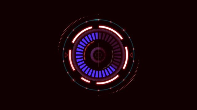 Animation blue red circle frame techniology for scans a target on black background.