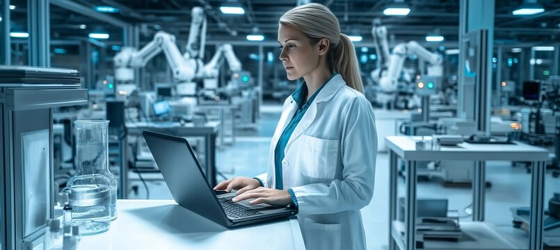 Woman Engineer in Industrial Factory Using Laptop to Monitor Robotic Arms and Automation Technology