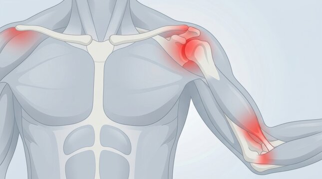 Illustration of human shoulder and arm pain highlighted in red areas
