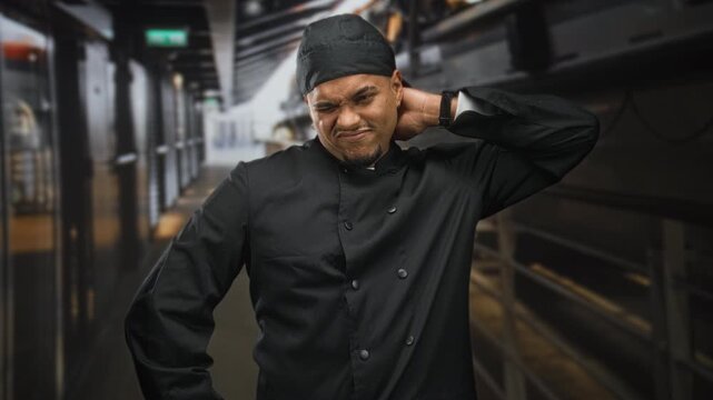 Hispanic man chef rubbing neck with hand in kitchen corridor inside a building wearing chef uniform and cap, grimacing from long shift; fatigue.