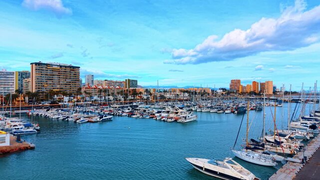 Wide view of coastal marina with yachts and city buildings. Wide angle shot showing rows of boats in a marina with high-rise apartment buildings in the background.