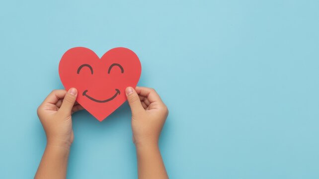 Hands holding smiling heart symbol happiness and emotional healthcare concept   