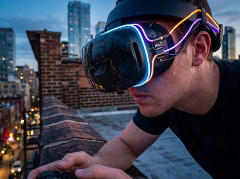 Tech Enthusiast Wearing Futuristic Visor On Urban Rooftop Cyberpunk Inspired Portraiture