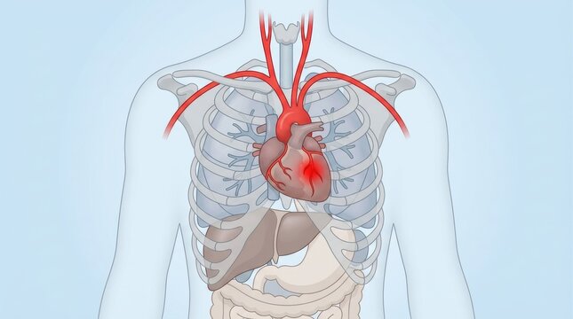 Anatomical illustration of the human heart with highlighted pain points