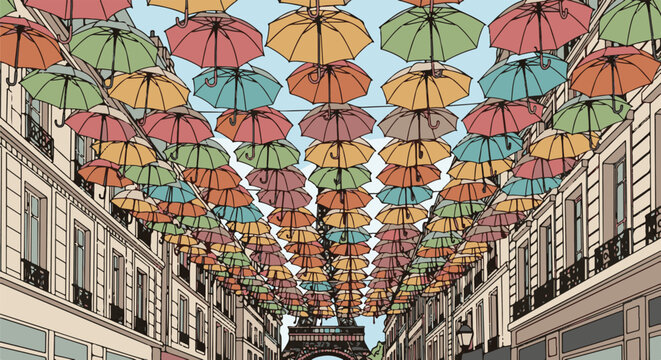 Colorful umbrellas canopy street with distant iconic tower