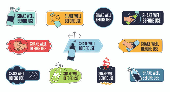 Collection of 9 graphical "shake well before use" instruction labels
