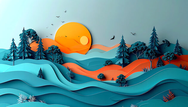 Paper cut landscape with layered teal blue waves, orange hills, and pine trees under a bright sun, conveying a serene natural environment