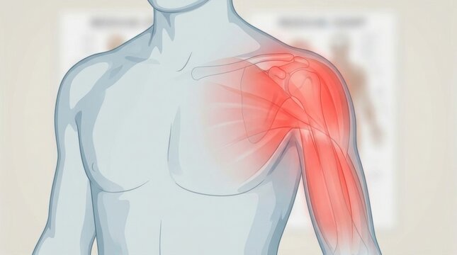 Illustration of a human shoulder with highlighted pain and inflammation