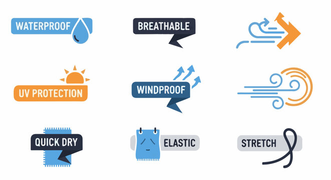 Collection of icons depicting material properties like waterproof, breathable, and UV protection