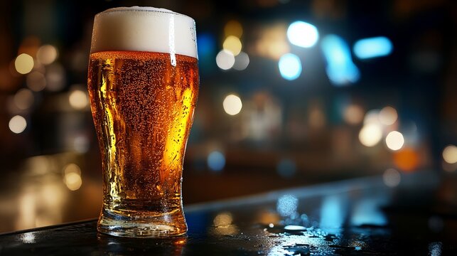Chilled golden lager in pint glass under dramatic lighting on dark bar, showcasing bubbles and foam.