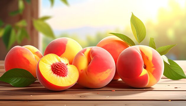 Fresh ripe peaches with visible pit and leaves on a wooden table, bathed in warm sunlight, suggesting a healthy summer harvest and natural sweetness
