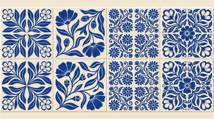 Obraz premium Portuguese ceramic tile pattern with blue floral ornaments on beige background traditional mediterranean artwork.
