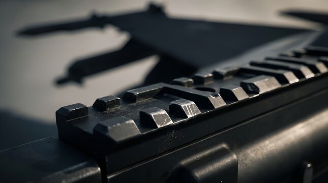 Close up shot of a tactical rifle Picatinny rail system with dark metallic finish.