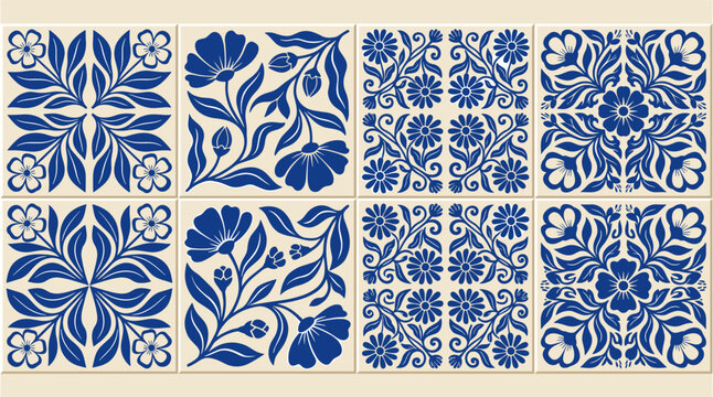 Portuguese ceramic tile pattern with blue floral ornaments on beige background traditional mediterranean artwork.