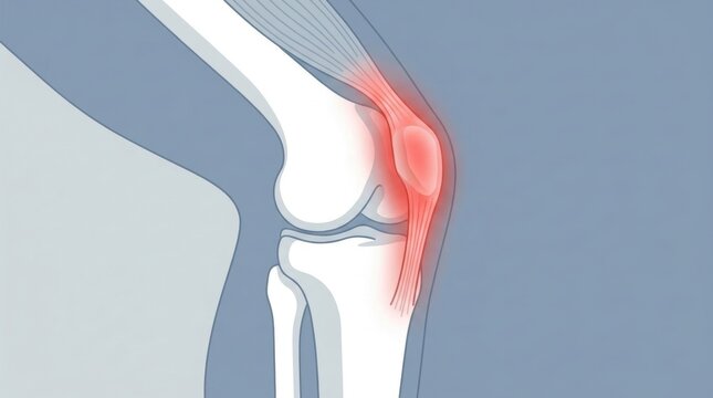 Illustration of a painful knee joint with inflamed ligaments and tendons highlighted in red