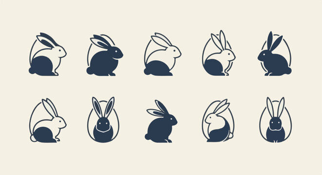 Collection of minimalist rabbit icons in various poses and color contrasts