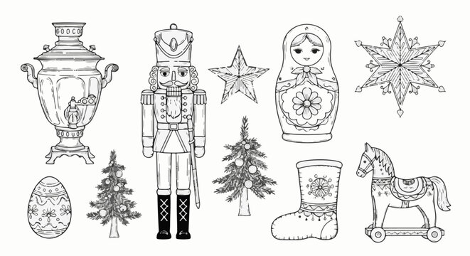 Collection of charming holiday-themed hand-drawn illustrations on white