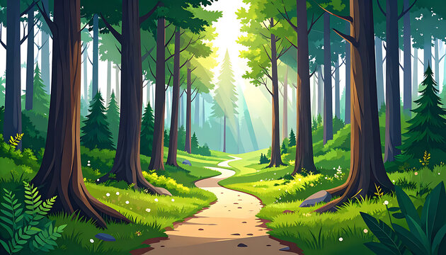 Pixel art forest path bathed in sunlight, dappled light through trees, green foliage, nature trail for hiking or exploration