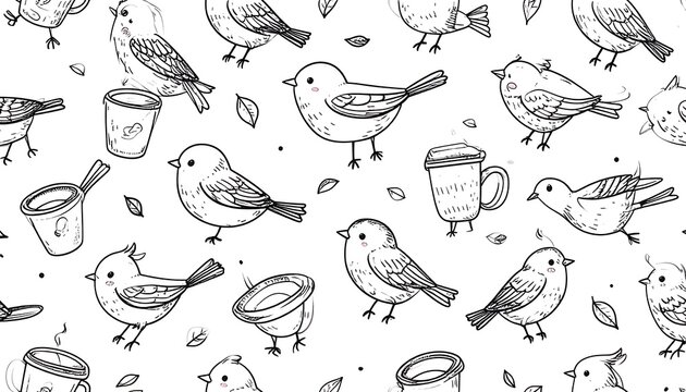 Birds and coffee cups illustration pattern.