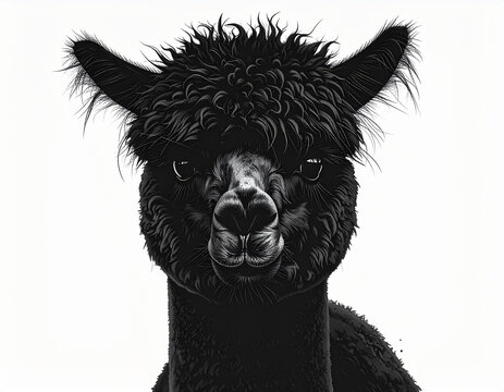 Black alpaca portrait illustration detailed fuzzy fur