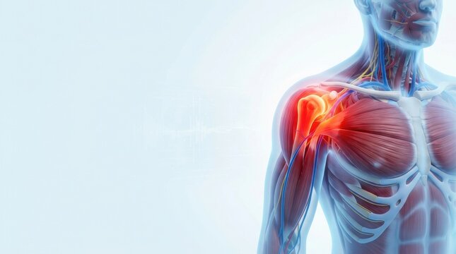 Anatomical illustration of human shoulder joint with inflammation and pain