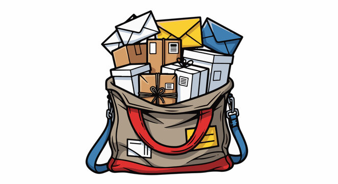 A cartoon satchel overflowing with mail and gift boxes