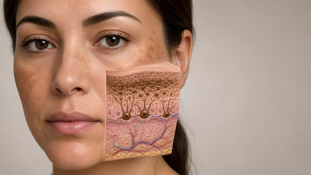 Epidermal basal layer active melanocytes UV stimulation melanosomes pigment transfer hyperpigmentation skin cross-section medical 3D render