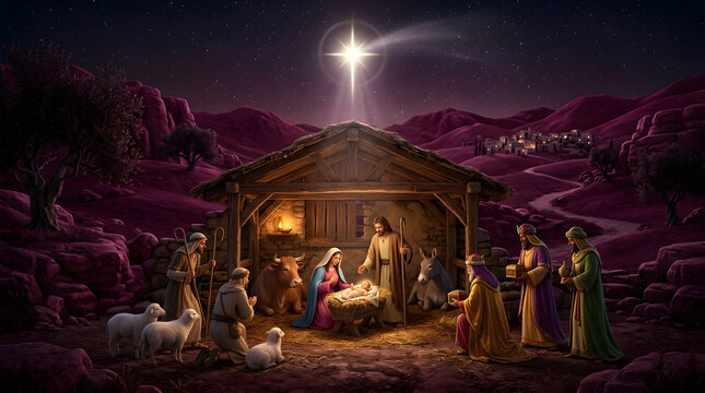 Nativity scene with the holy family, shepherds, sheep, and the three wise men offering gifts under a bright star
