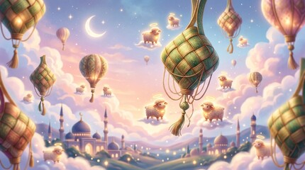 Fototapeta premium Eid al-Adha Celebration Festive Hot Air Balloons and Mosque Silhouettes Under a Crescent Moon