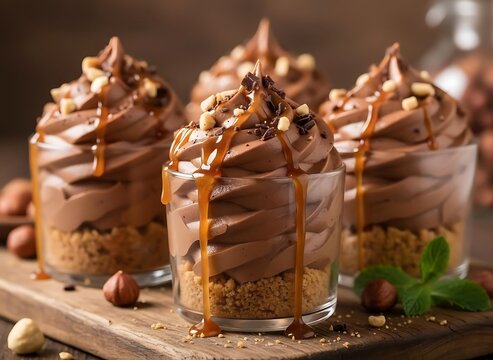 chocolate hazelnut mousse cups with silky mousse, crunchy base, and caramel topping
